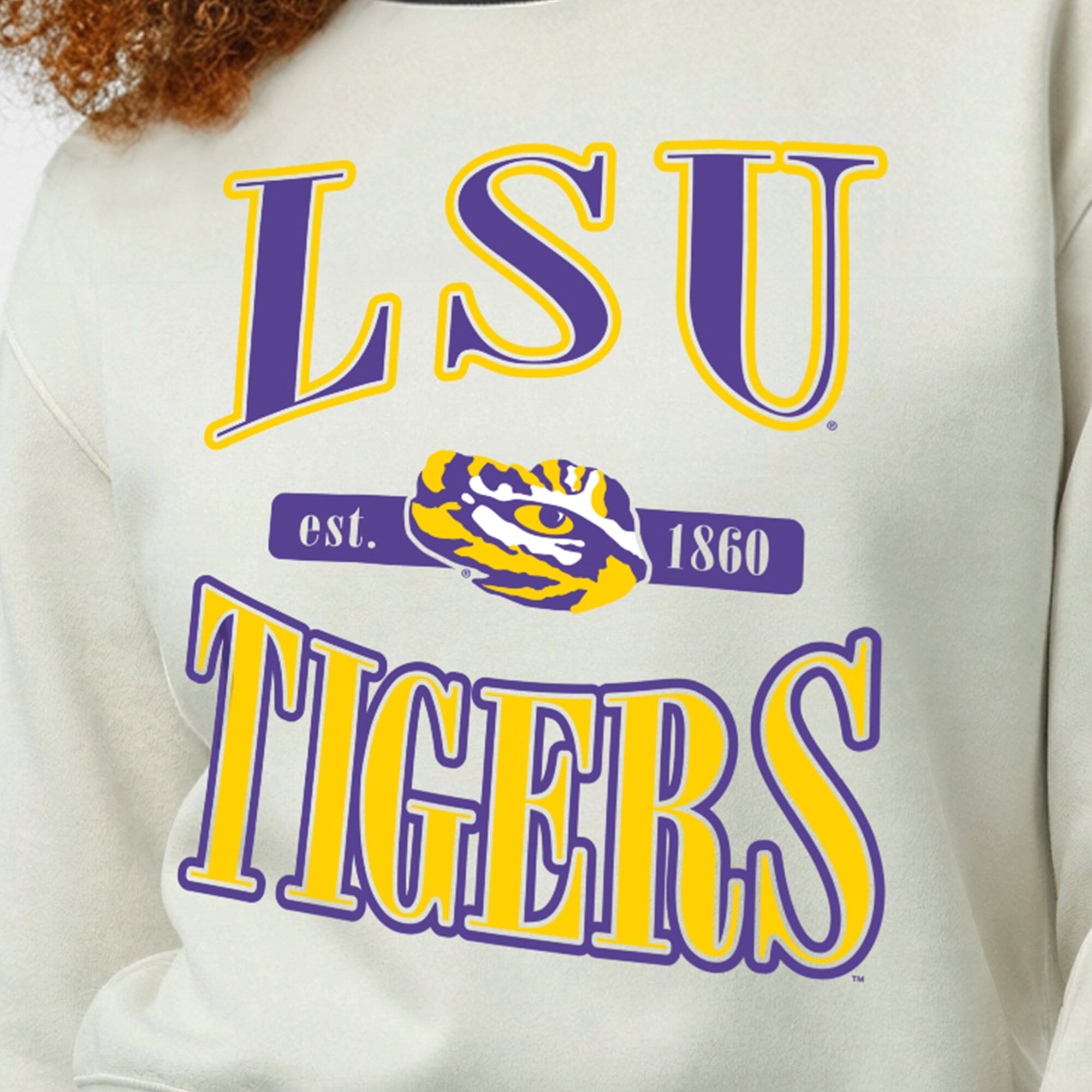 Women's Champion  White LSU Tigers Yarn Dye Rib Reverse Weave Crew Sweatshirt